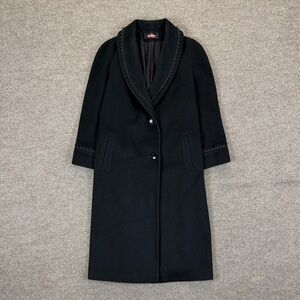 Vintage Alorna Black Long 100% Wool Coat Women’s L/XL Shawl Collar Ribbon Trim